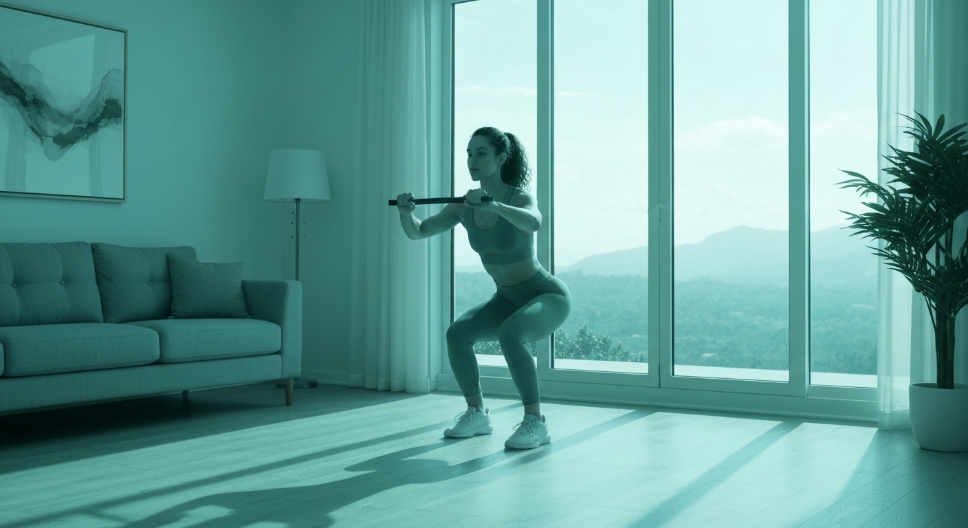 Persona realizando sentadillas en la sala de su casa de forma relajada