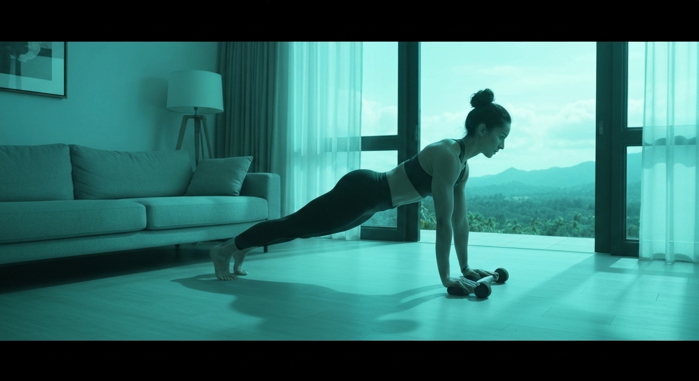Persona realizando ejercicios de cuerpo completo en casa de forma relajada y constante