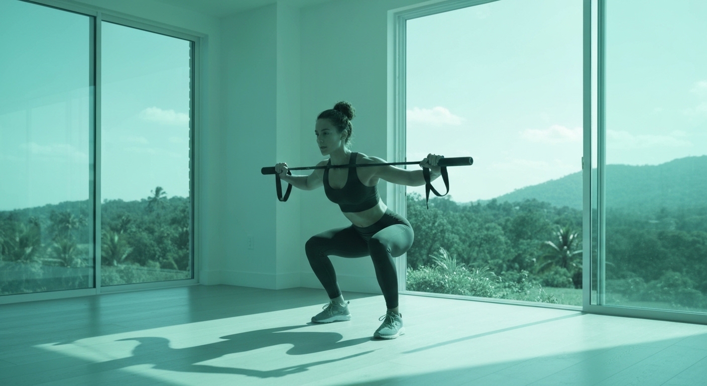 Persona realizando ejercicios de estiramiento y fuerza en la sala de su casa de forma relajada