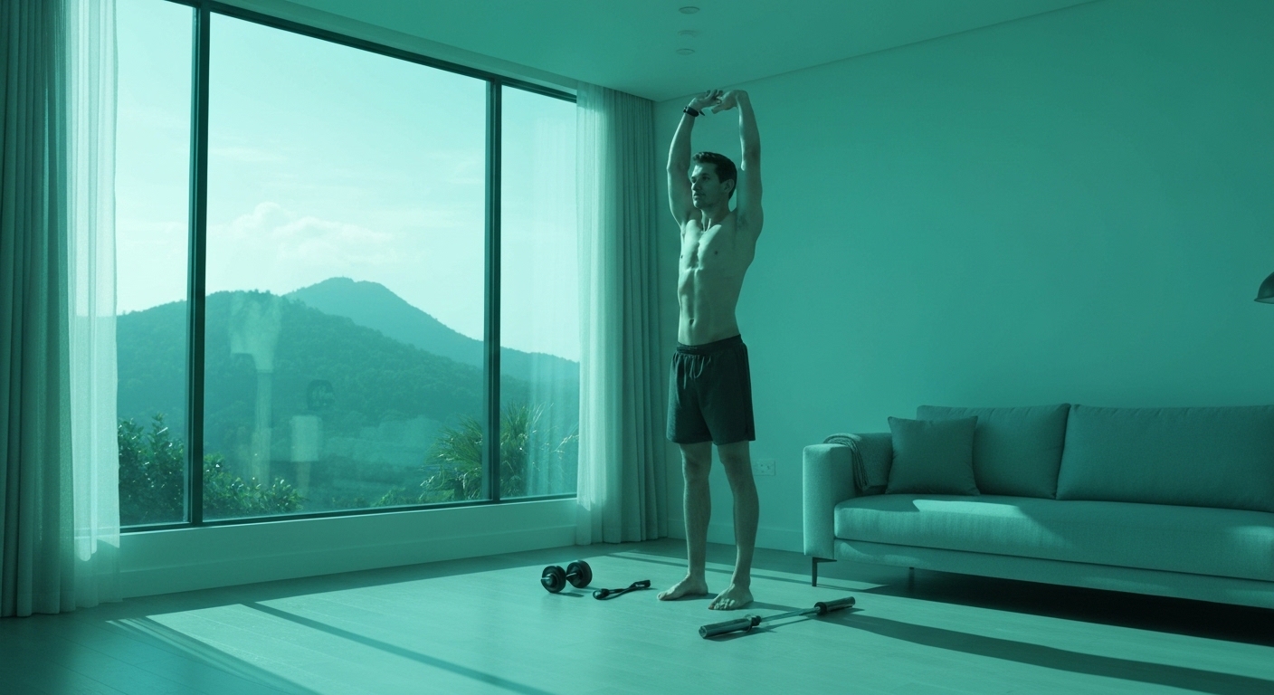 Persona joven disfrutando de un momento de bienestar y energía natural en su hogar