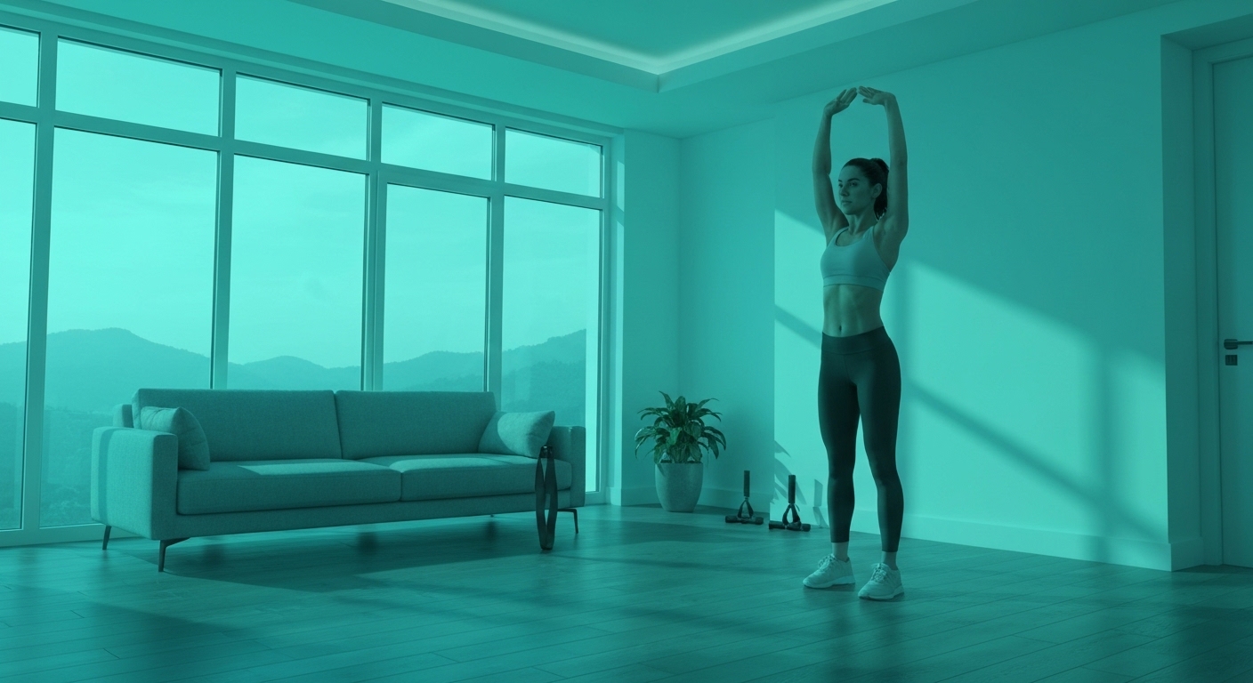 Persona realizando estiramientos de pausas activas en una oficina moderna