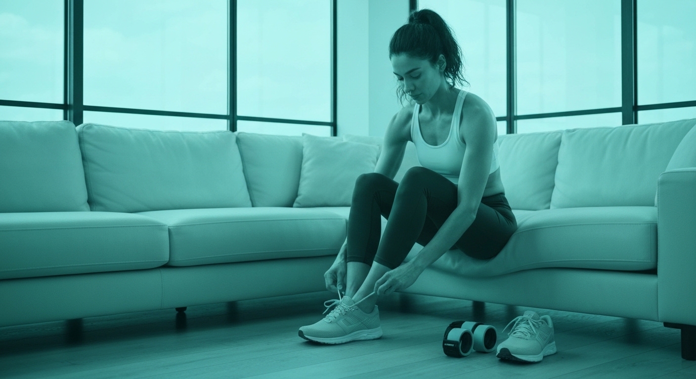 Persona realizando una rutina de 20 minutos en casa de forma relajada y constante.