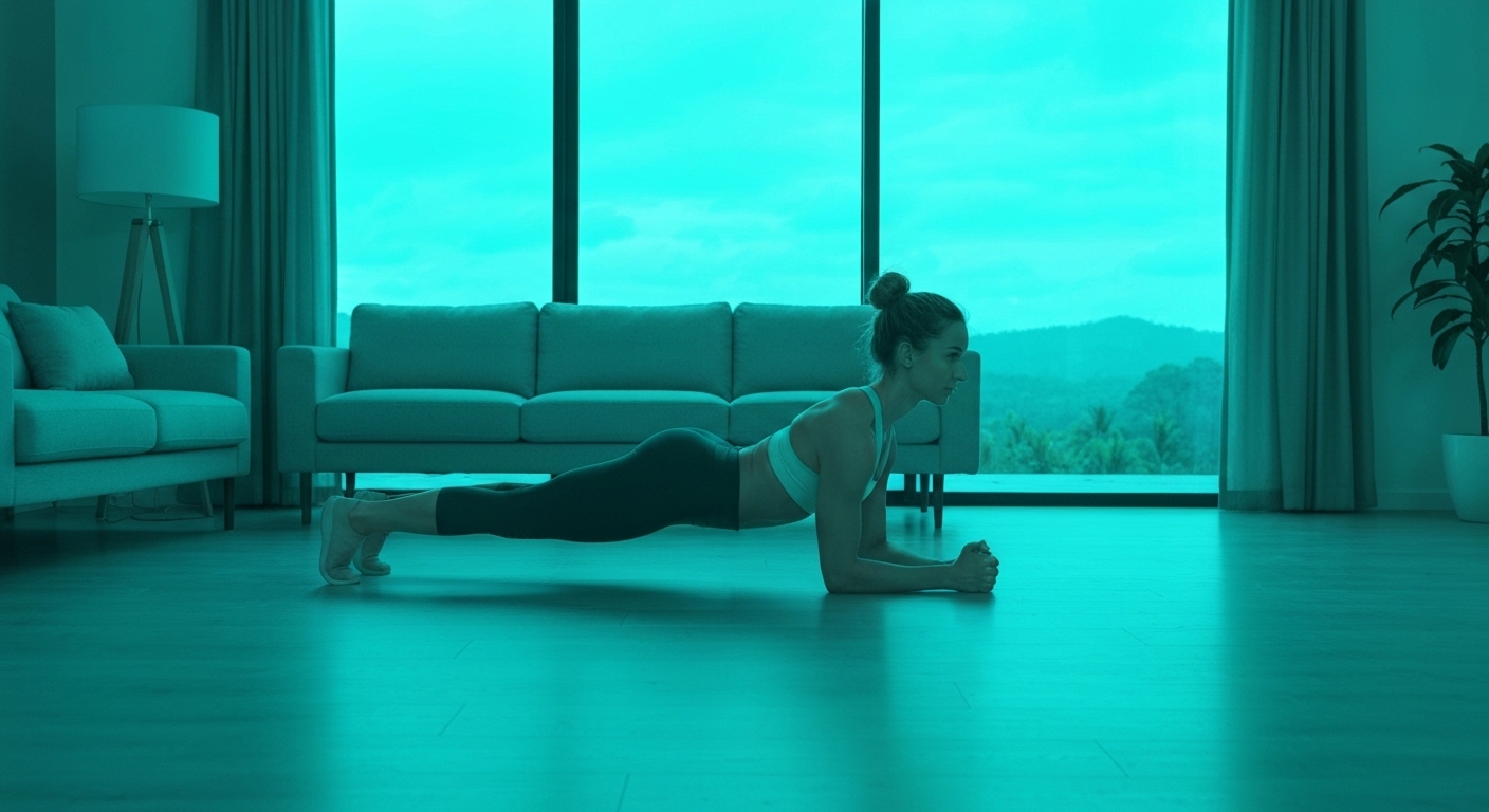 Persona realizando ejercicios de fuerza en la sala de su casa de forma relajada