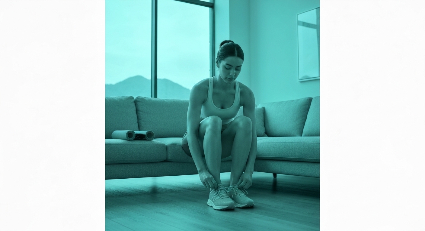 Persona realizando ejercicio en casa de forma constante y tranquila para mejorar su bienestar.