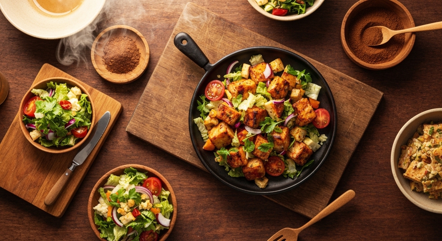 Cinco frascos de vidrio con capas de ensalada fresca y colorida para el almuerzo de oficina