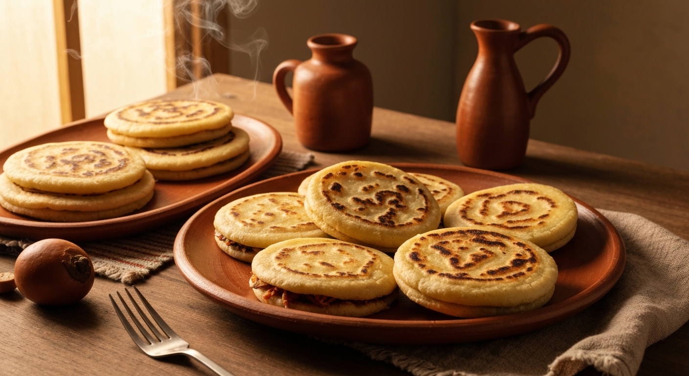 Variedad de arepas saludables de avena y yuca en un plato de desayuno colombiano.