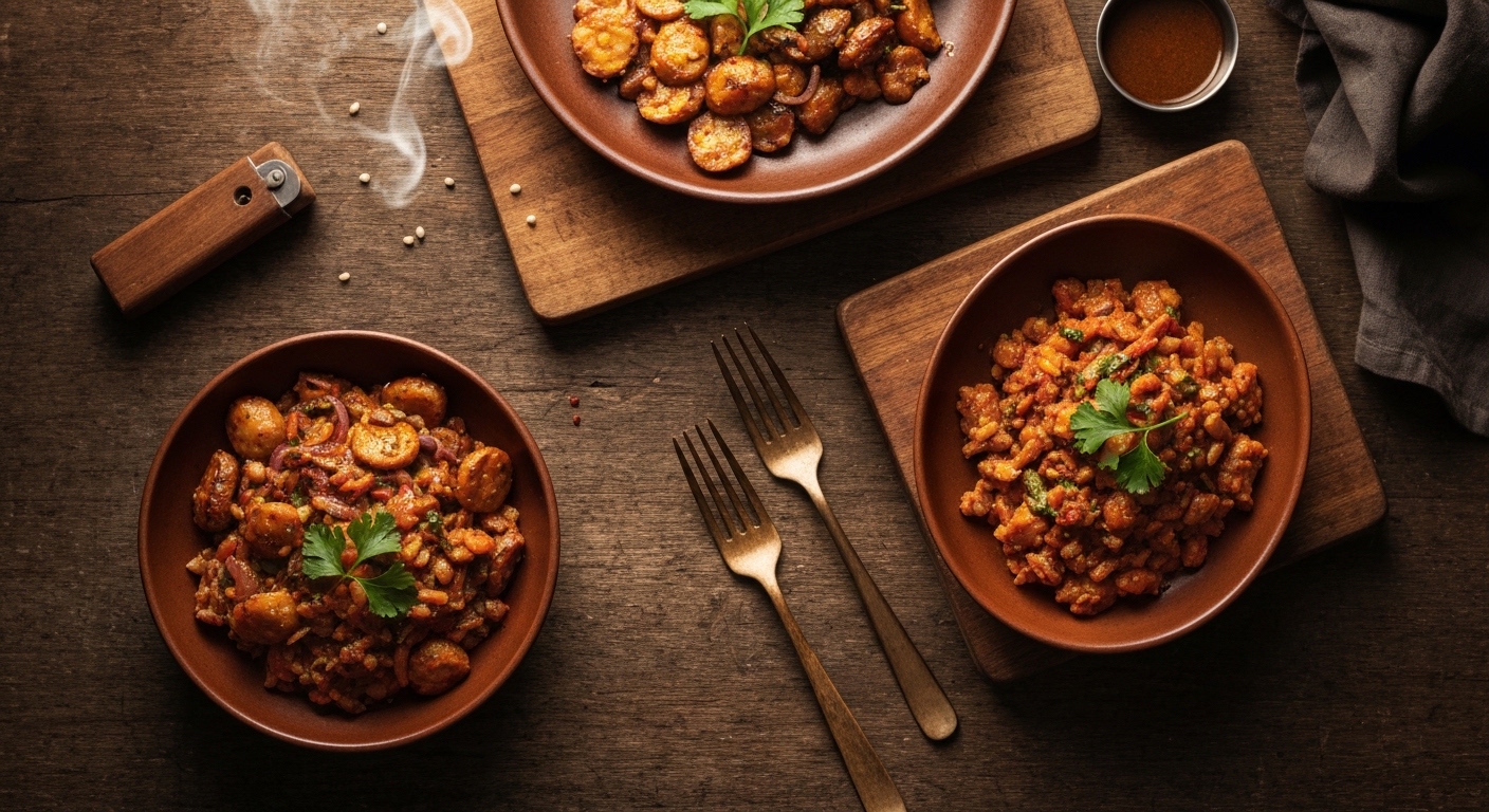 Mesa con platos de desayuno nutritivo con huevos, frijoles y frutas frescas