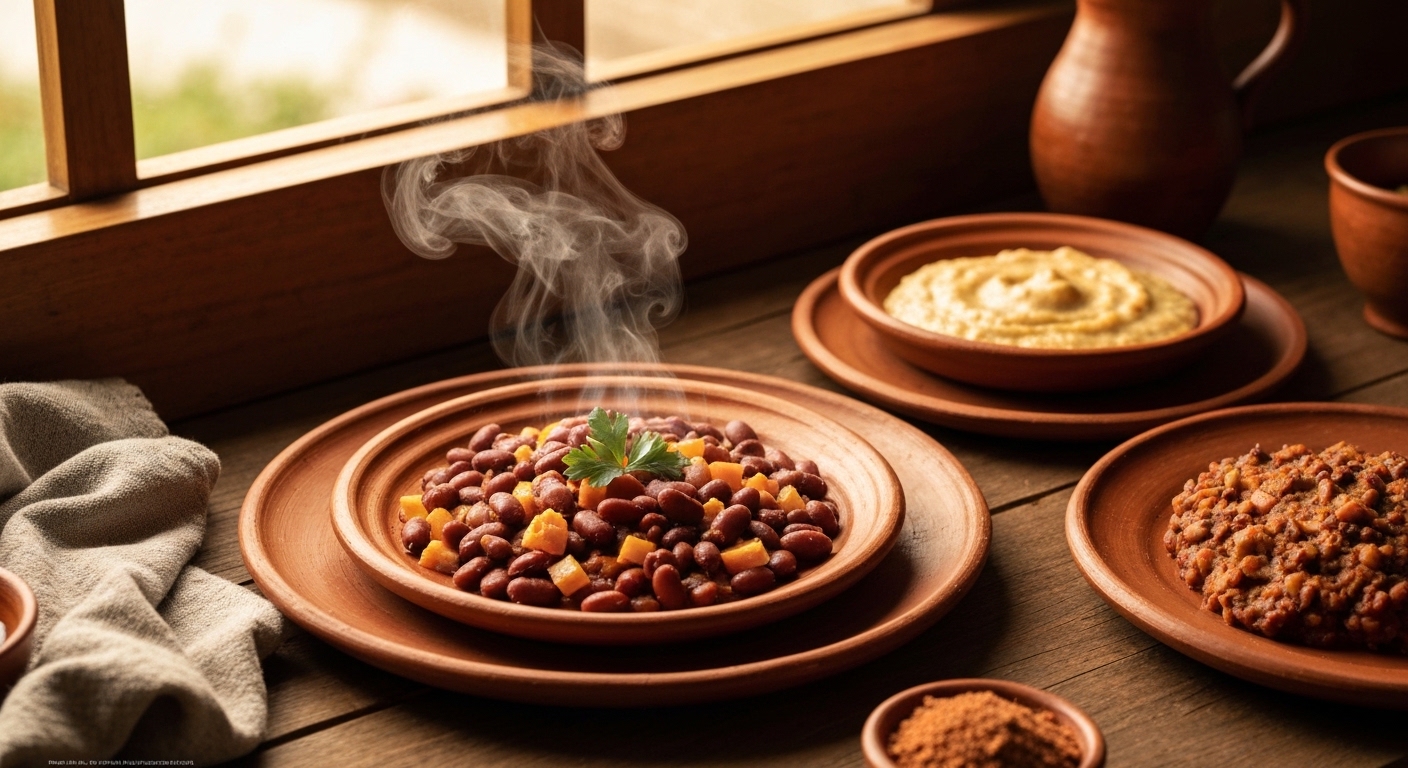 Plato de frijoles antioqueños con arroz y plátano maduro, almuerzo tradicional colombiano económico