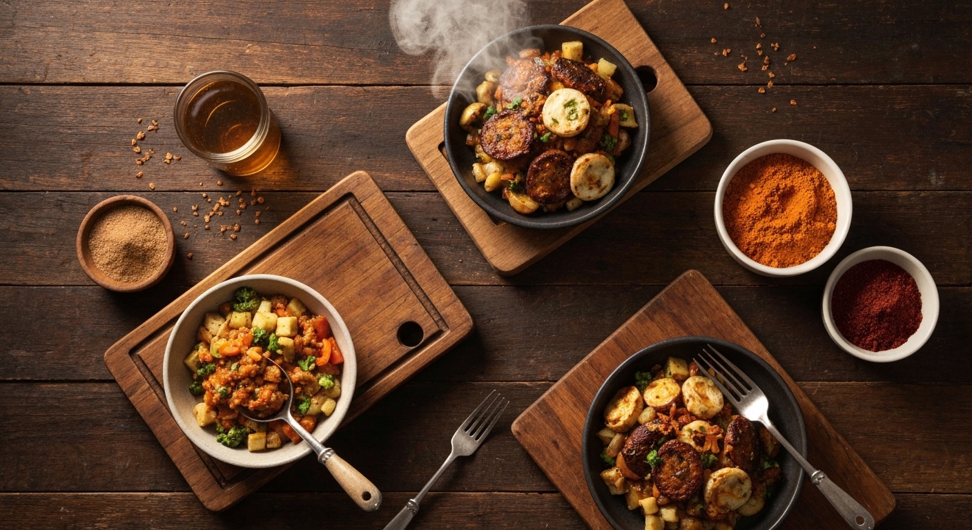 Plato de arroz con pollo con vegetales frescos en una mesa familiar