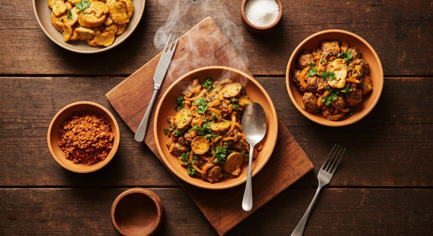 Plato de sopa de lentejas y vegetales humeante en una mesa de madera rústica