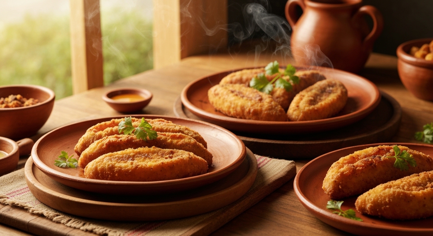 Plátanos maduros asados con queso y bocadillo sobre una mesa de madera