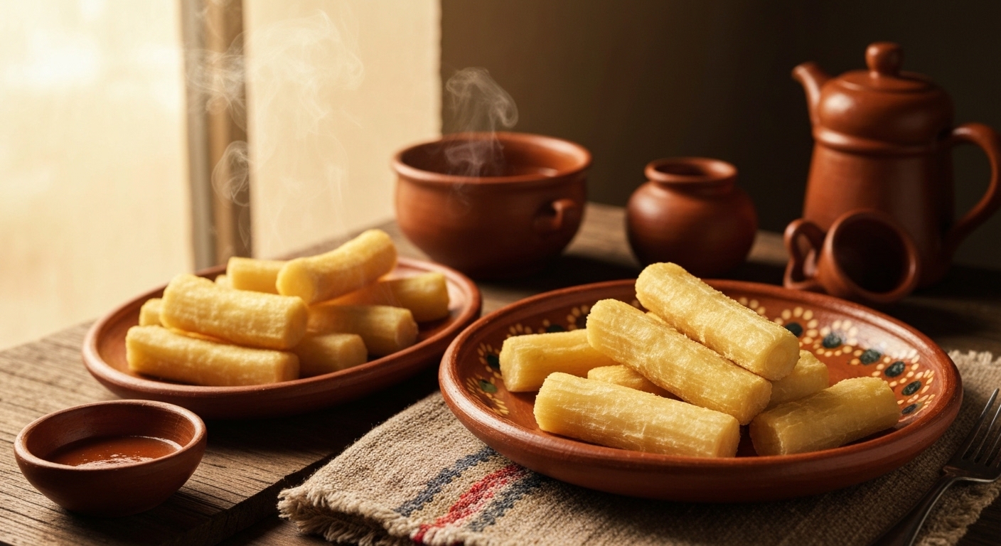 Variedad de platos preparados con yuca, incluyendo yuca frita y carimañolas doradas