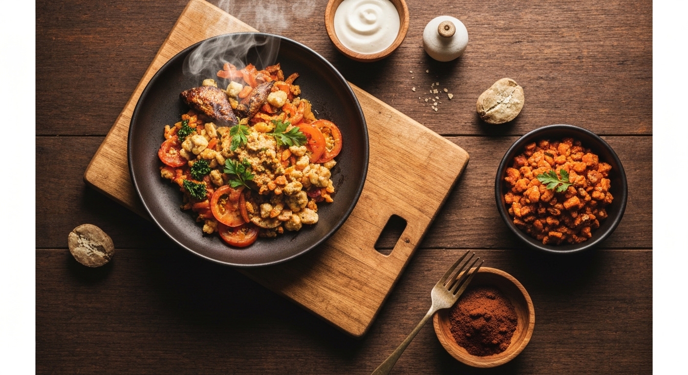 Salsa boloñesa vegetariana de lentejas en una olla de cerámica