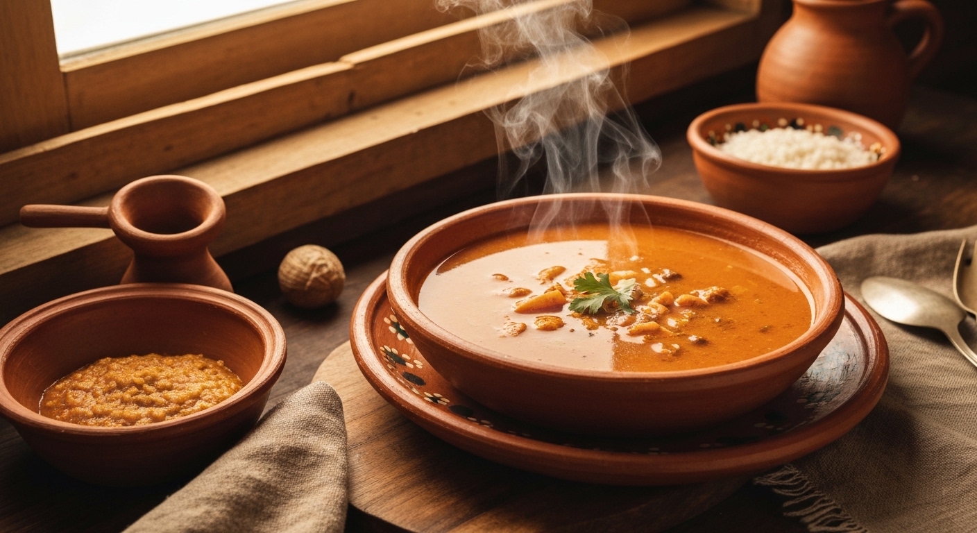 Sopa de sancocho colombiano humeante en un tazón de barro tradicional