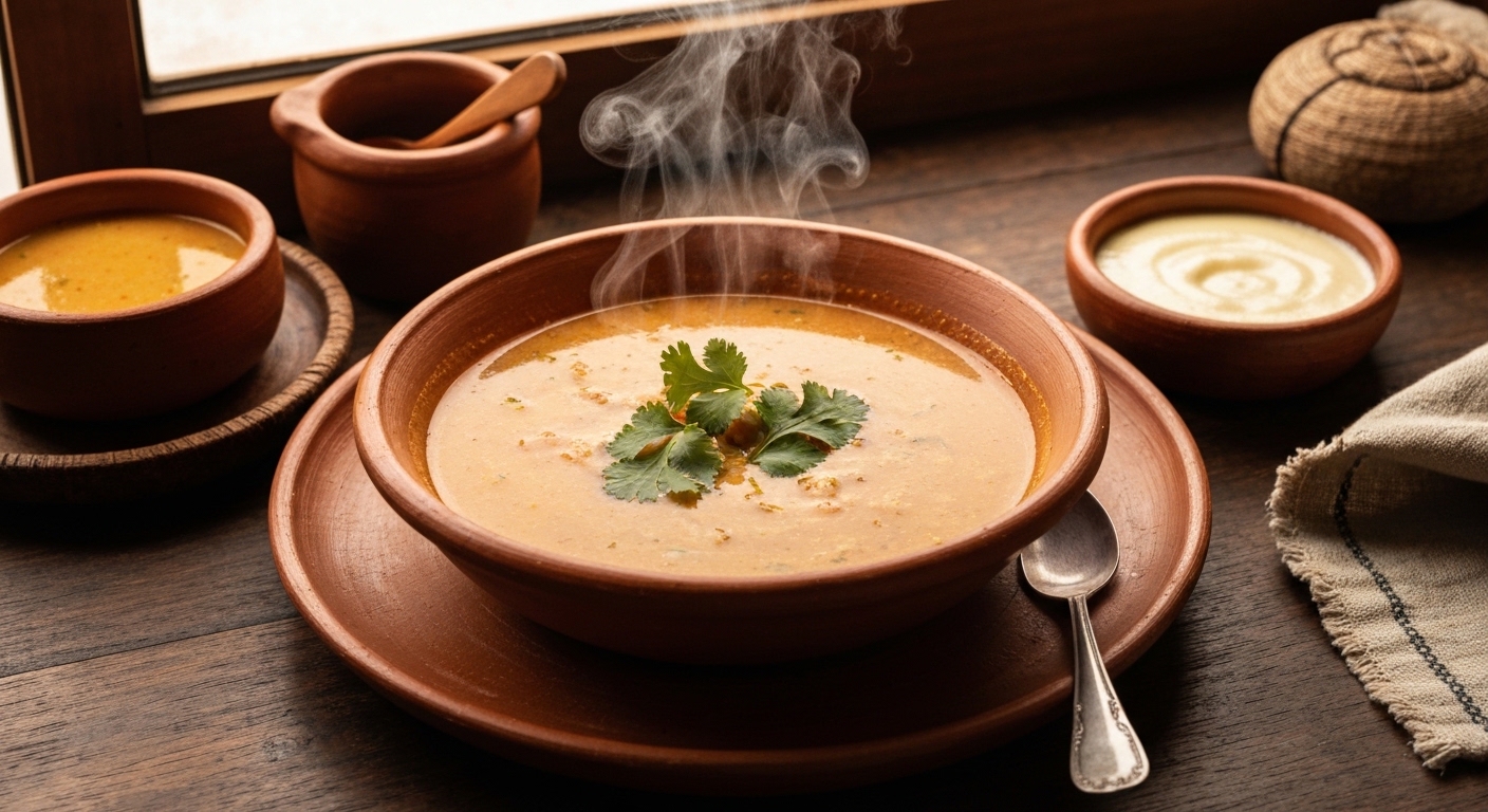 Variedad de sopas colombianas económicas en cuencos de barro con ingredientes locales