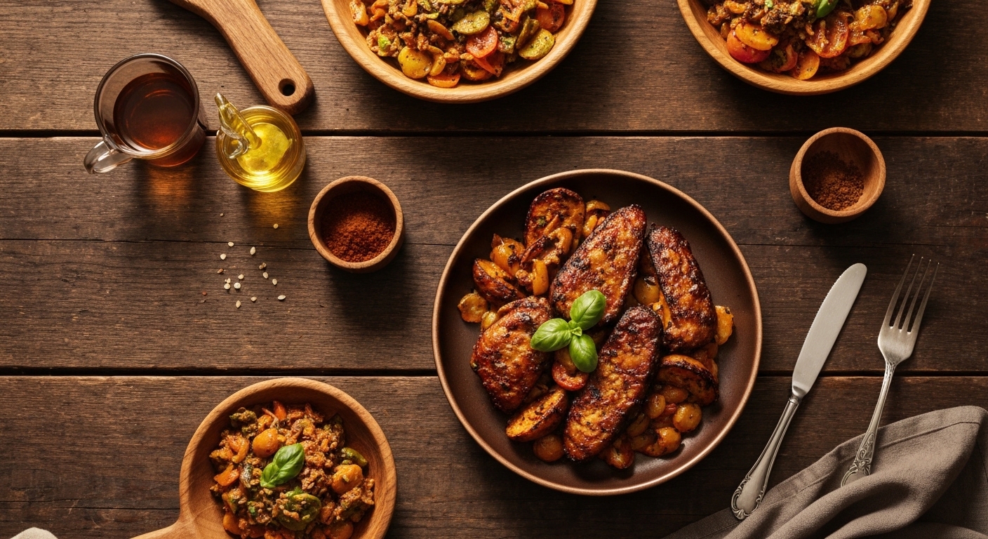 Empanadas al horno doradas sobre una bandeja de madera con ingredientes frescos al lado