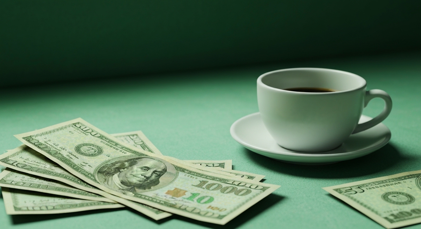 Persona analizando gastos diarios con una lupa sobre monedas y recibos