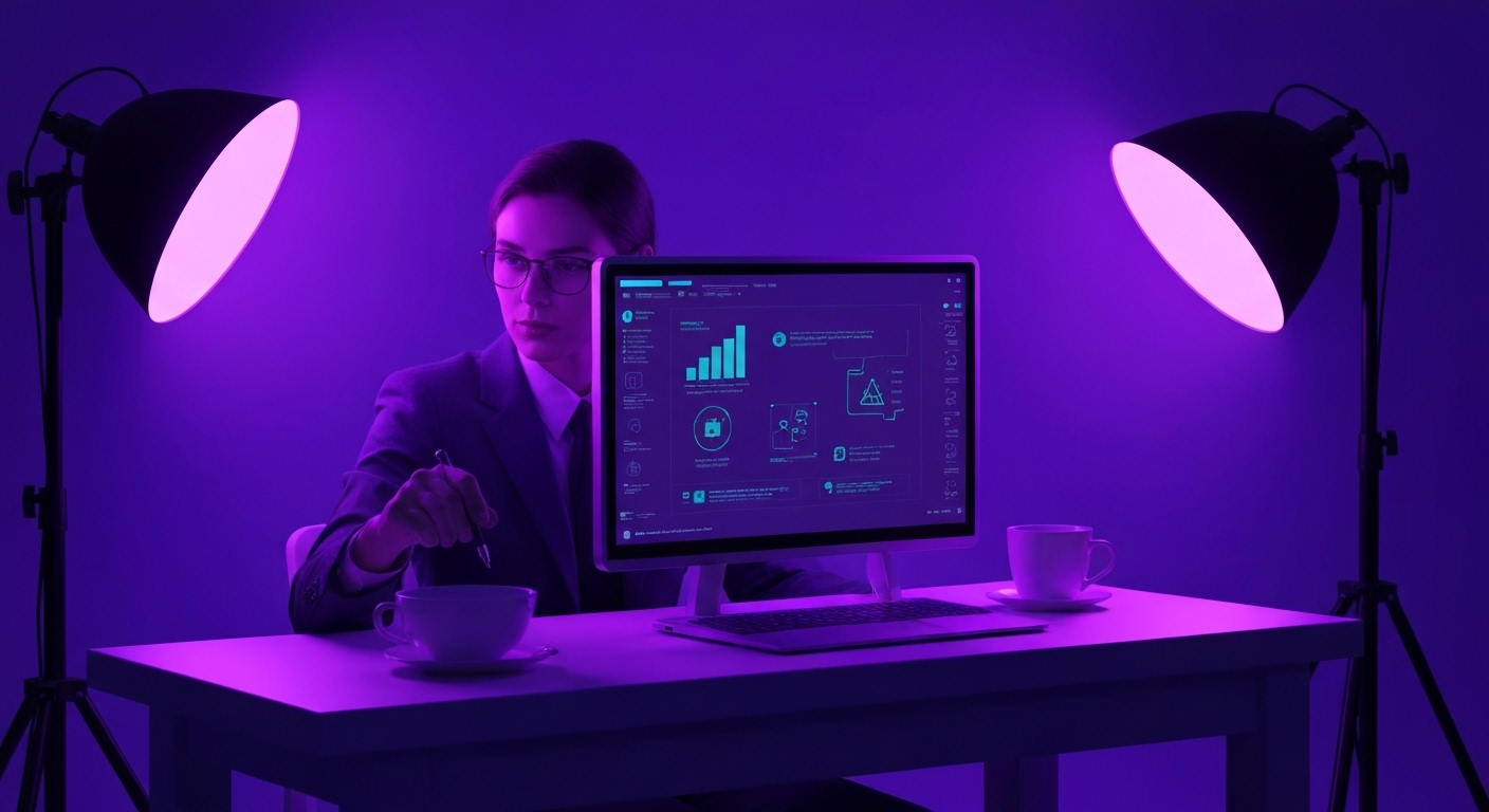 Profesional de marketing digital utilizando herramientas de inteligencia artificial para organizar una estrategia de contenido multicanal en múltiples dispositivos.