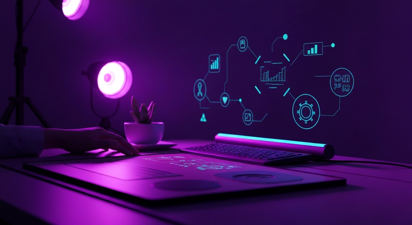Profesional de marketing digital utilizando herramientas de inteligencia artificial para analizar datos y crear contenidos en redes sociales.