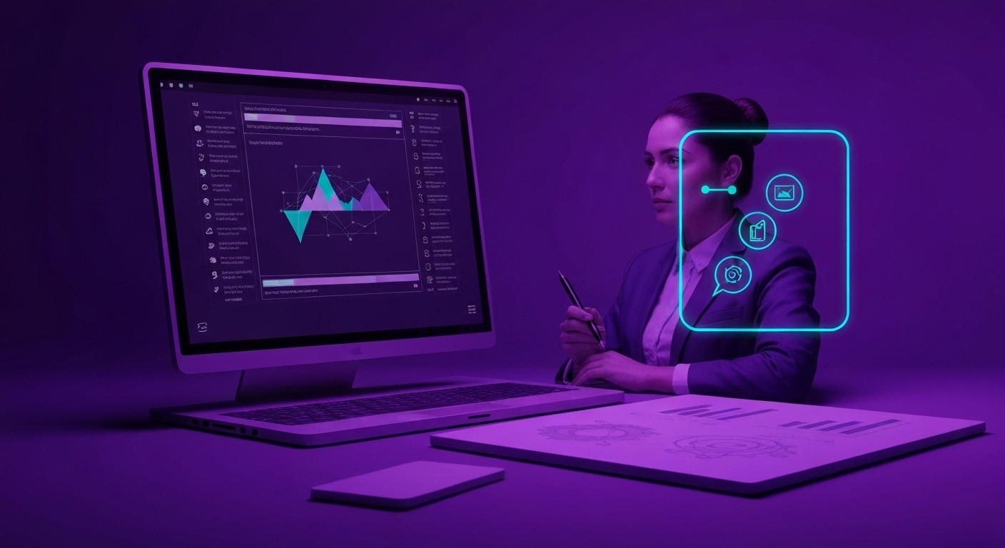 Profesional de marketing analizando datos de inteligencia artificial en una pantalla digital