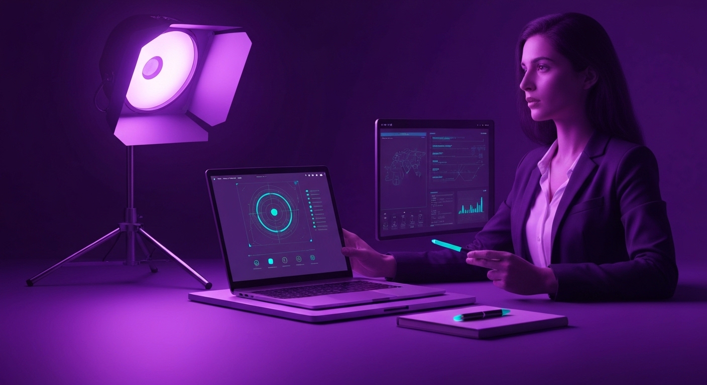 Profesional de marketing analizando datos de SEO asistido por inteligencia artificial en una pantalla digital