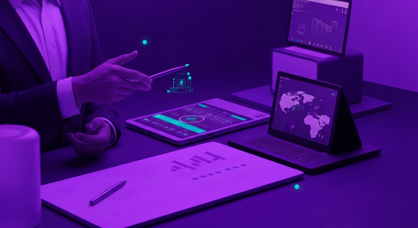 Profesional de marketing analizando datos y automatizaciones con inteligencia artificial en una oficina moderna.