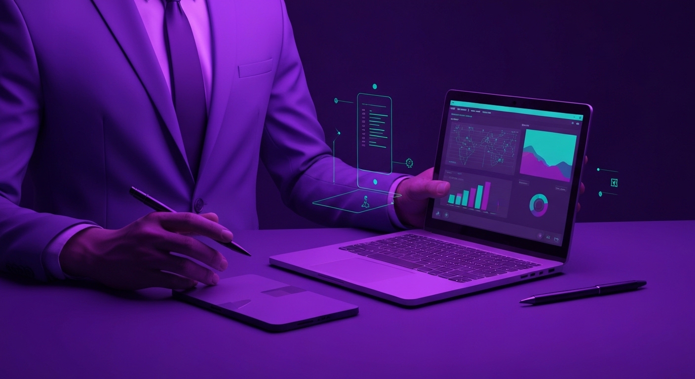 Profesional de marketing analizando flujos de trabajo automatizados con inteligencia artificial en una pantalla digital.