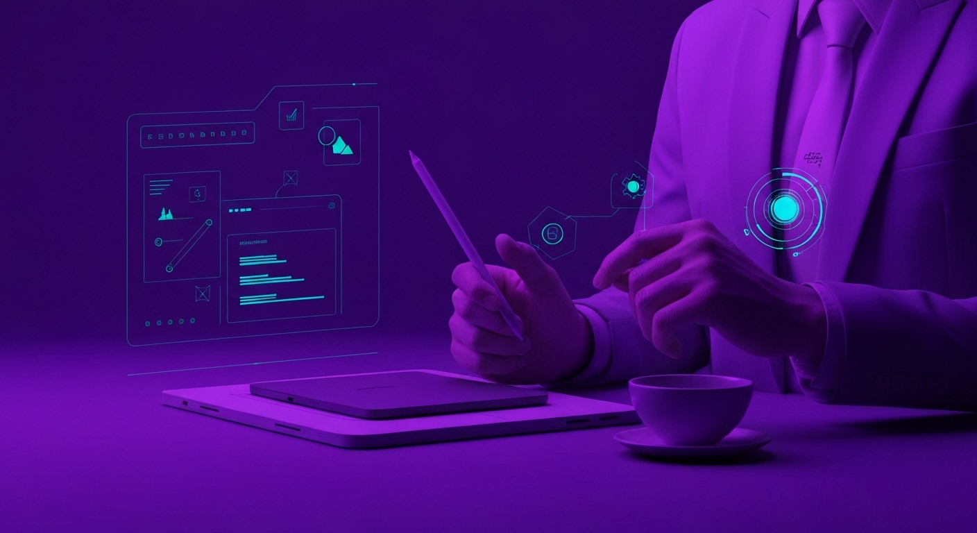 Profesional de marketing digital utilizando herramientas de inteligencia artificial para optimizar flujos de trabajo en una oficina moderna.