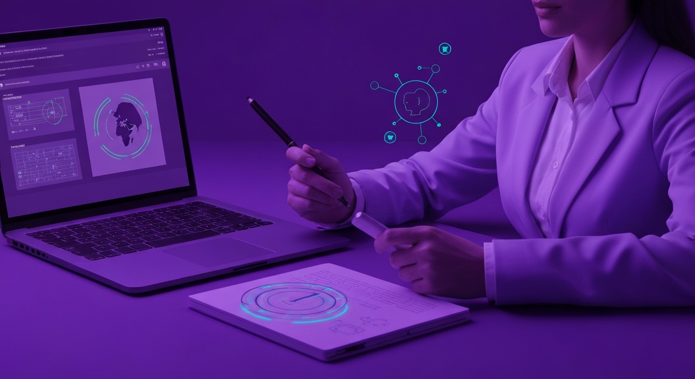 Profesional de marketing analizando flujos de trabajo automatizados con inteligencia artificial en una oficina moderna.