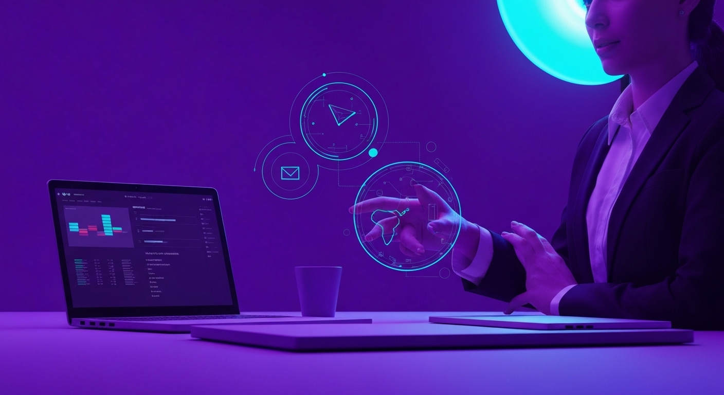 Profesional de marketing analizando flujos de trabajo automatizados con inteligencia artificial en una pantalla digital