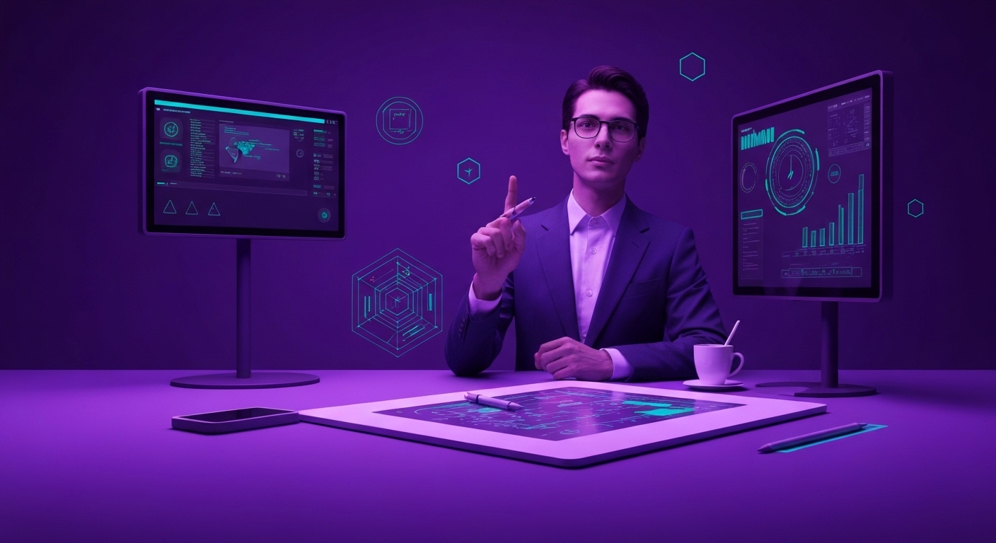 Profesional de marketing analizando flujos de trabajo automatizados con inteligencia artificial en una oficina moderna