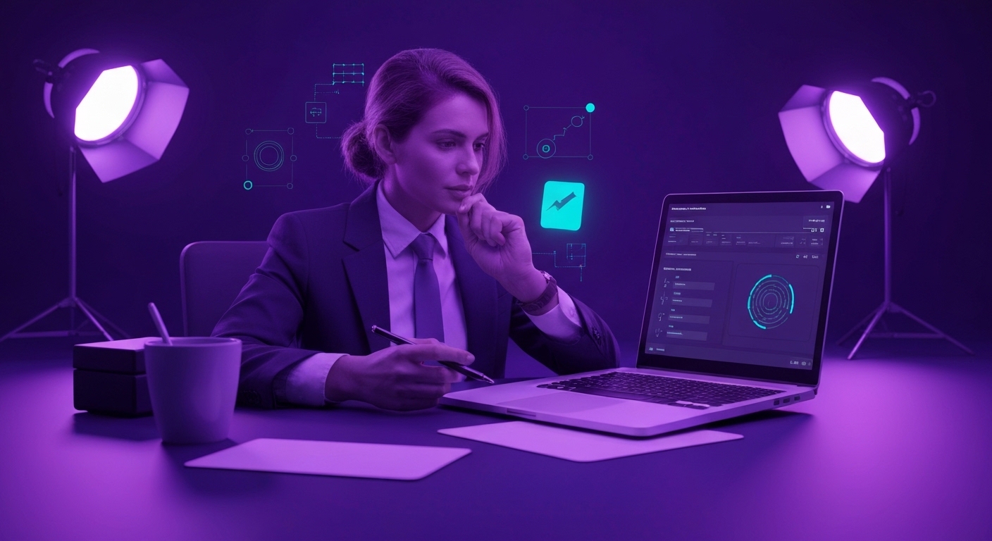 Profesional de marketing analizando datos y estrategias con inteligencia artificial en una oficina moderna